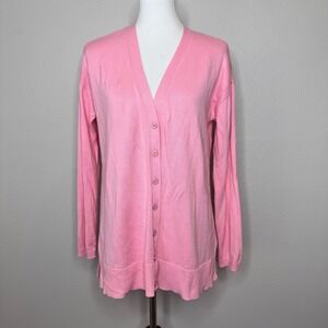 TALBOTS‎ V Neck Cardigan Sweater MED Cotton Blend Powder Pink Longer Length